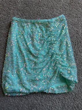 Strut & Bolt Sequin Mini Skirt in Teal Blue Small